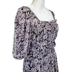 Squareneck Smocked Midi Dress Black & Pink Floral Puff Sleeve Sz M Anthropologie